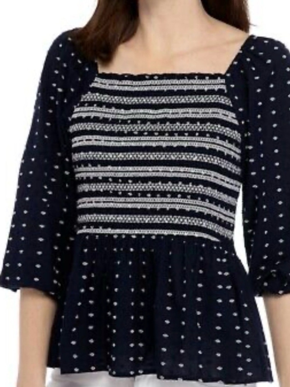 Crown and Ivy Womens Size Size S Navy/White Smocked Peplum Top  3/4 Puff Sleeve